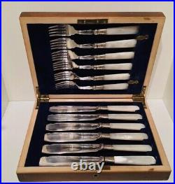 Cased 12 Piece Mother of Pearl Silver Plate Fish Knife & Fork Cutlery Set