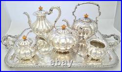 Continental Sheffield Melon Form Five Piece Silverplate Tea Set with Tray