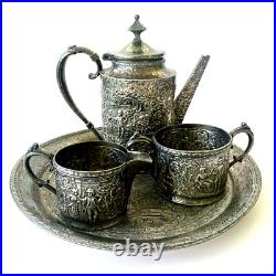 Derby Tea Set Silver Plate 4 Piece Teapot Creamer Sugar And Tray Repousse 1930's