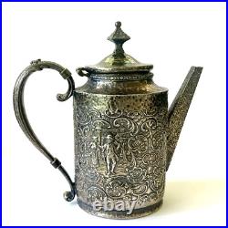 Derby Tea Set Silver Plate 4 Piece Teapot Creamer Sugar And Tray Repousse 1930's