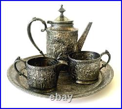 Derby Tea Set Silver Plate 4 Piece Teapot Creamer Sugar And Tray Repousse 1930's