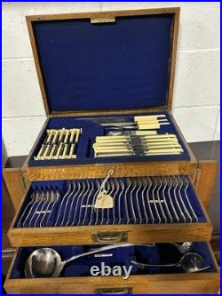 Early 1900s Oak Cased 12 Place Canteen of Plated Cutlery Set Total Of 113 Pieces