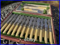 English antique bone-handled silver plate 12 piece fish cutlery set