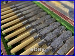English antique bone-handled silver plate 12 piece fish cutlery set