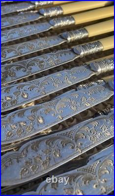 English antique bone-handled silver plate 12 piece fish cutlery set