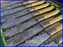 English antique bone-handled silver plate 12 piece fish cutlery set