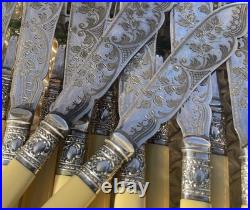English antique bone-handled silver plate 12 piece fish cutlery set