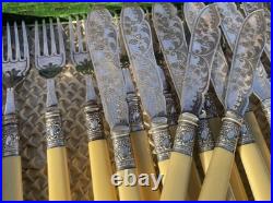 English antique bone-handled silver plate 12 piece fish cutlery set