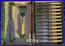 English antique bone-handled silver plate 12 piece fish cutlery set