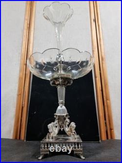 Epergne silver plate cut glass crystal centre piece, mystical creature design