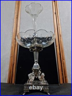 Epergne silver plate cut glass crystal centre piece, mystical creature design