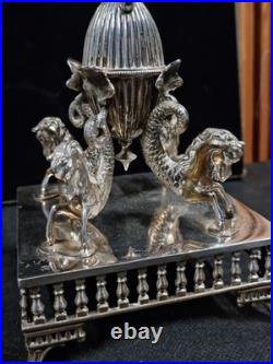 Epergne silver plate cut glass crystal centre piece, mystical creature design