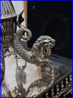 Epergne silver plate cut glass crystal centre piece, mystical creature design