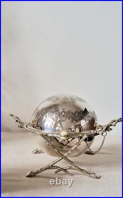 Extraordinary Antique Silver Plate English Roll Top Domed Cross Twig Butter Dish