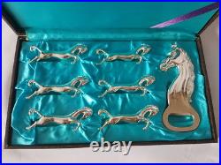 French Vintage 7 piece silver plate horse set- knife rests and bottle opener