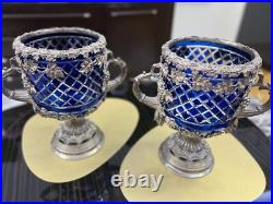 GOBLETS Silver Plate Cut Glass Urns Tankards Ice Bucket Cobalt Blue 2 PIECES