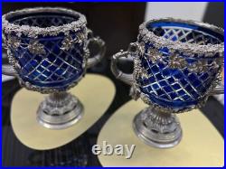 GOBLETS Silver Plate Cut Glass Urns Tankards Ice Bucket Cobalt Blue 2 PIECES