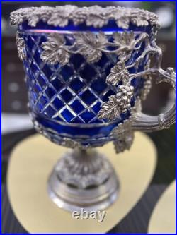 GOBLETS Silver Plate Cut Glass Urns Tankards Ice Bucket Cobalt Blue 2 PIECES