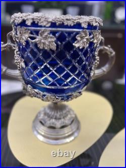 GOBLETS Silver Plate Cut Glass Urns Tankards Ice Bucket Cobalt Blue 2 PIECES