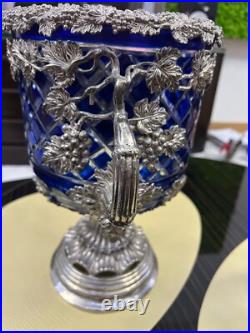 GOBLETS Silver Plate Cut Glass Urns Tankards Ice Bucket Cobalt Blue 2 PIECES