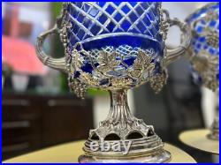 GOBLETS Silver Plate Cut Glass Urns Tankards Ice Bucket Cobalt Blue 2 PIECES