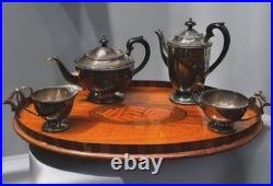 Georgian Mahogany Tray With Marquetry Inlay With 4 Piece Silver Plate Tea Set