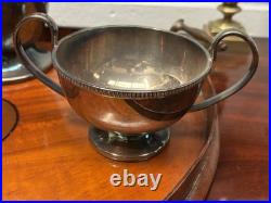 Georgian Mahogany Tray With Marquetry Inlay With 4 Piece Silver Plate Tea Set