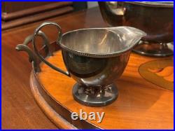 Georgian Mahogany Tray With Marquetry Inlay With 4 Piece Silver Plate Tea Set