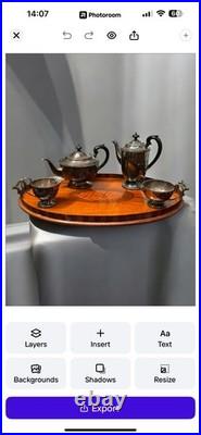 Georgian Mahogany Tray With Marquetry Inlay With 4 Piece Silver Plate Tea Set