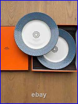 Hermes Paris Dessert Plate Fil d'Argent Set of 2 Porcelain Tableware with Case