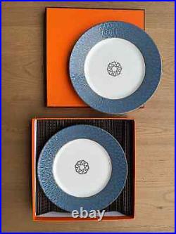 Hermes Paris Dessert Plate Fil d'Argent Set of 2 Porcelain Tableware with Case