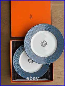 Hermes Paris Dessert Plate Fil d'Argent Set of 2 Porcelain Tableware with Case