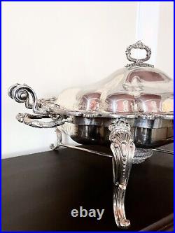 Large Four Piece Antique Silver Plate on Copper Chafing Dish Set Hallmarked