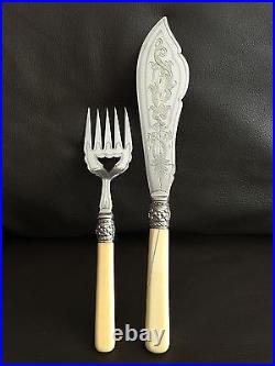 Large Ornate Antique Silver Plated Fish Knife & Fork Serving Set (13/33cm, 238g)