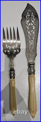 Large Ornate Antique Silver Plated Fish Knife & Fork Serving Set 34cm, 238g