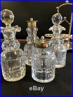 Late Victorian Crystal and Silver Plate Five Piece Cruet Set Oil Vinegar Shaker