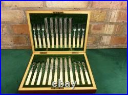 Lovely Antique 24 piece 12 setting Cake Pastry knife fork set wooden case C. 1899