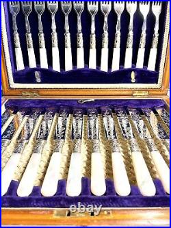 Lovely Knife & Fork Antique 24 Piece dessert Set, Silver Plated, Mother Of Pearl