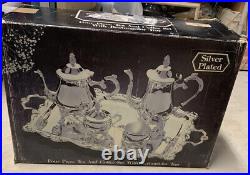 New Elegance In Silver NIB 5 Piece Tea/Coffee/Set w Oval Handled Butler Tray
