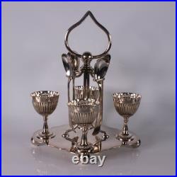 Nine (9) Piece English Silver Plate Breakfast Egg Cruet Set Cups Spoons