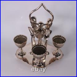 Nine (9) Piece English Silver Plate Breakfast Egg Cruet Set Cups Spoons
