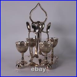 Nine (9) Piece English Silver Plate Breakfast Egg Cruet Set Cups Spoons