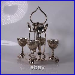 Nine (9) Piece English Silver Plate Breakfast Egg Cruet Set Cups Spoons