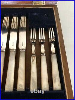 Oak Cased 24 Piece Silver Plated & Mother Of Pearl Fruit Knives & Forks Mop-jj