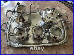 PORTSMOUTH-HOLLOWWARE ROPE EDGE-TRAY AND COFFEE, TEA Set 6 Pieces. Gorgeous