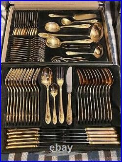 RARE VINTAGE SBS BESTECKE TOSCANA CUTLERY Gold Plated 70 PIECE SET IN BLACK CASE