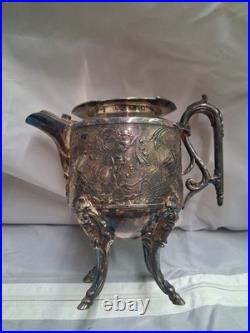 Rare 5 Piece Silver Plate Set, Teapot, Nouveau Woman Sea Scene Serpents Wilcox