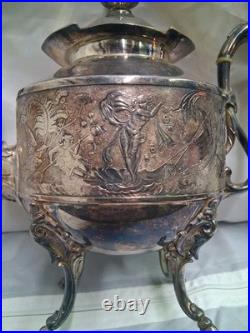 Rare 5 Piece Silver Plate Set, Teapot, Nouveau Woman Sea Scene Serpents Wilcox