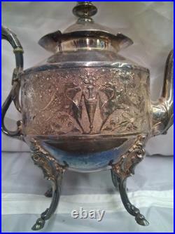 Rare 5 Piece Silver Plate Set, Teapot, Nouveau Woman Sea Scene Serpents Wilcox