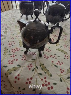 Seven Piece Antique Figural Clawfoot Silver Plate Tea Set
